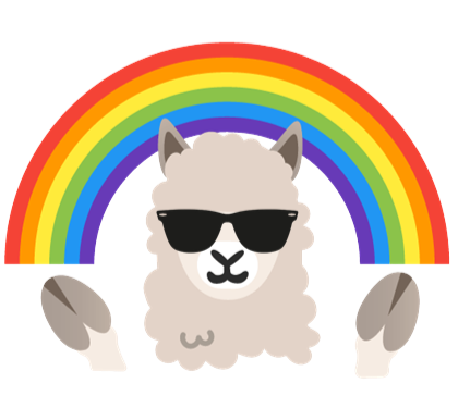A cartoon alpaca wearing sunglasses with a rainbow above its head.